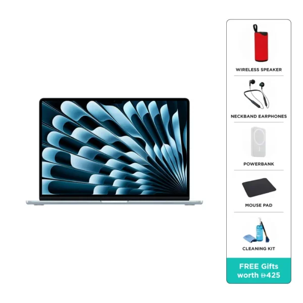 جهاز Apple MacBook Air (2025) بشاشة 13 بوصة، معالج M4 بعشرة أنوية ووحدة معالجة رسومات ثمانية أنوية، ذاكرة وصول عشوائي 16 جيجابايت، قرص صلب SSD بسعة 256 جيجابايت، لون أزرق سماوي