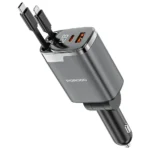 شاحن سيارة بورو دو 111 وات مع كابلات قابلة للسحب Lightning وType-C - رمادي