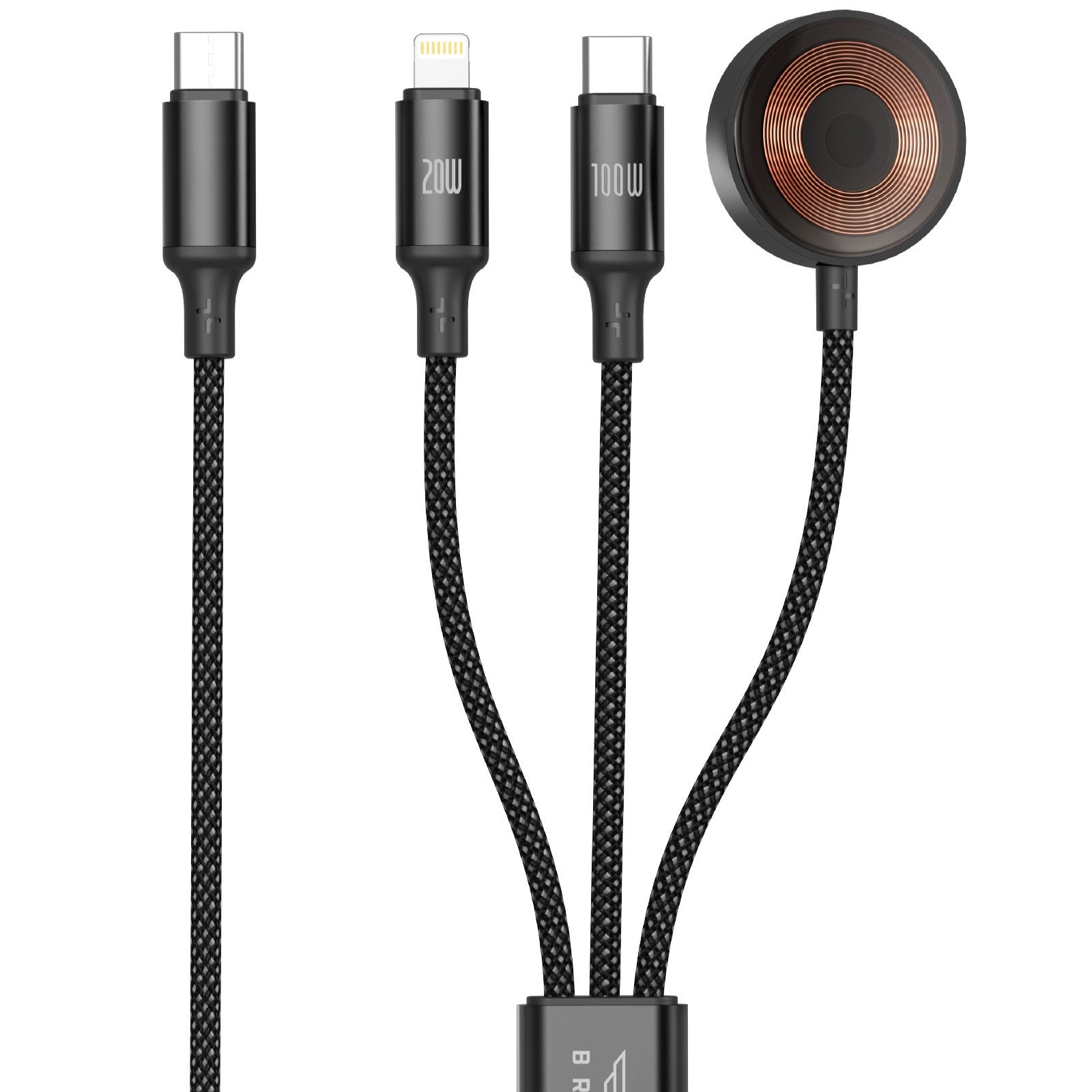 1764751965_05bd9b2c11cca89d كيبل شحن سريع ثلاثي الفولت 3 في 1 من براف بقدرة 100 واط، من USB-C إلى USB-C، وشاحن لايتنينج 20 واط وشاحن مغناطيسي لساعة آبل ووتش 2.5 واط، - الصورة 1